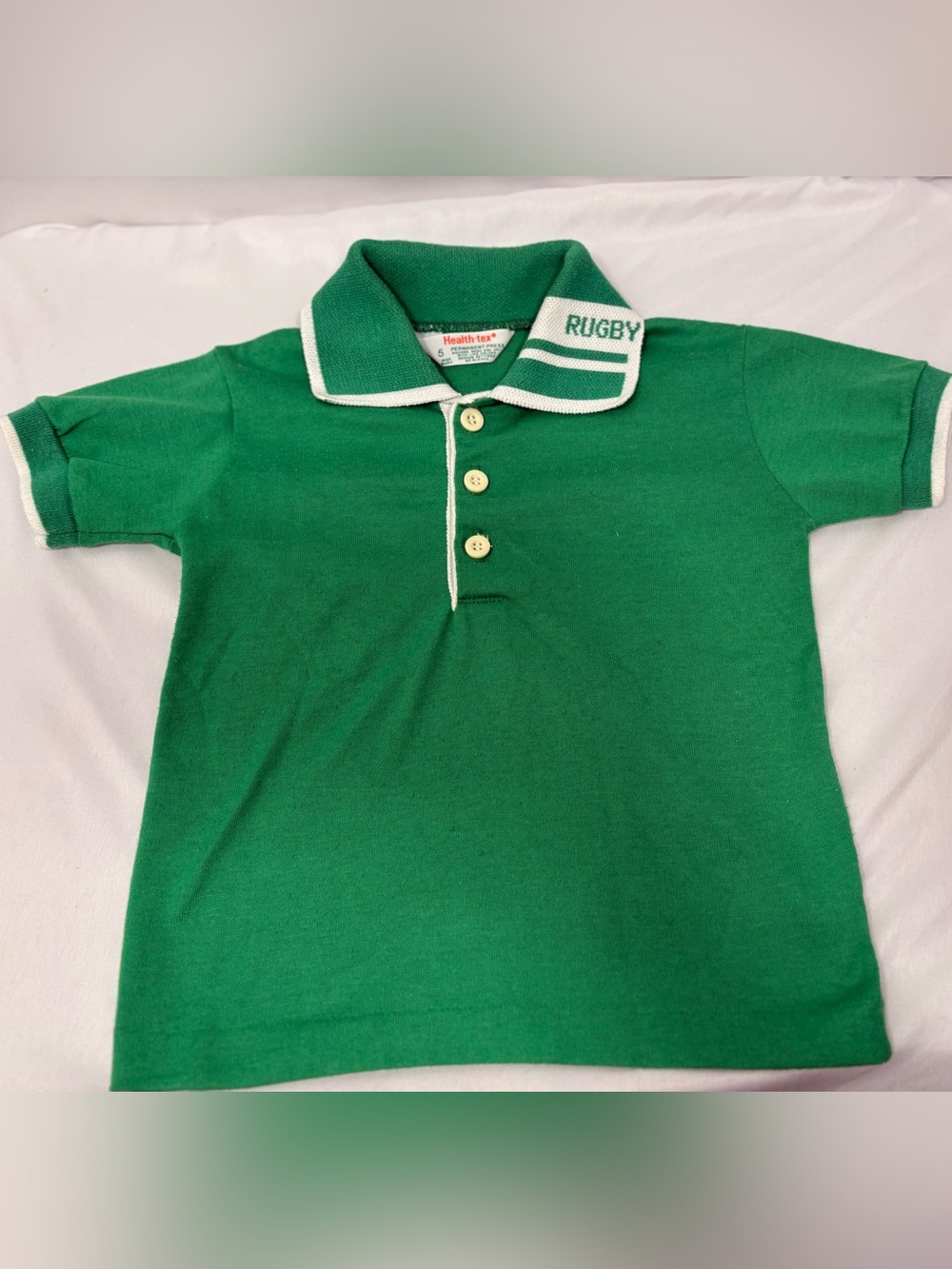 Vintage Health-tex Green Kids Polo with White Trim and 'Rugby' Collar Size 5